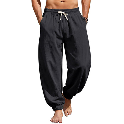 Men's relaxed harem pants made of linen blend with elastic drawstring waistband and gathered ankle cuffs EVA-US