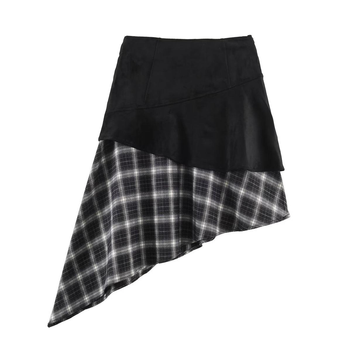 Women's asymmetrical layered skirt with faux leather overlay and checked chiffon ruffle EVA-US