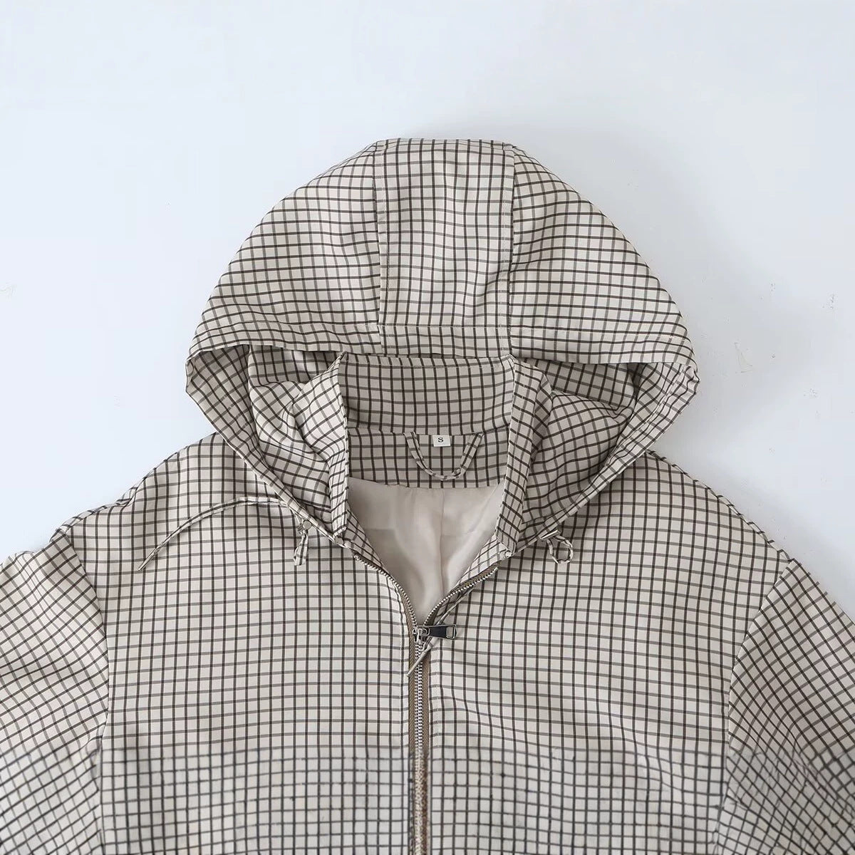 Women Lightweight Hooded Boxy Transitional Jacket with Check Grid Print, Drawstring and Elastic Cuffs EVA-US
