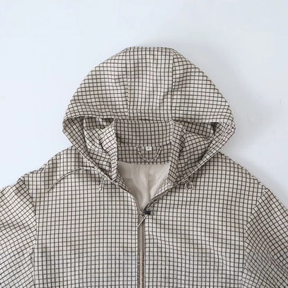 Women Lightweight Hooded Boxy Transitional Jacket with Check Grid Print, Drawstring and Elastic Cuffs EVA-US