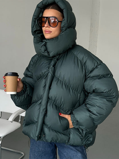 Ladies short puffer jacket with thermal filling, oversized hood & concealed two-way zipper EVA-US