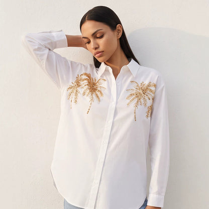 Women's shirt blouse with sequin palm applique, oversized cut & classic collar EVA-US
