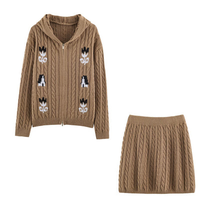 Women's Two-Piece Knit Set with Zipper Hoodie and Short Cable Knit Skirt EVA-US