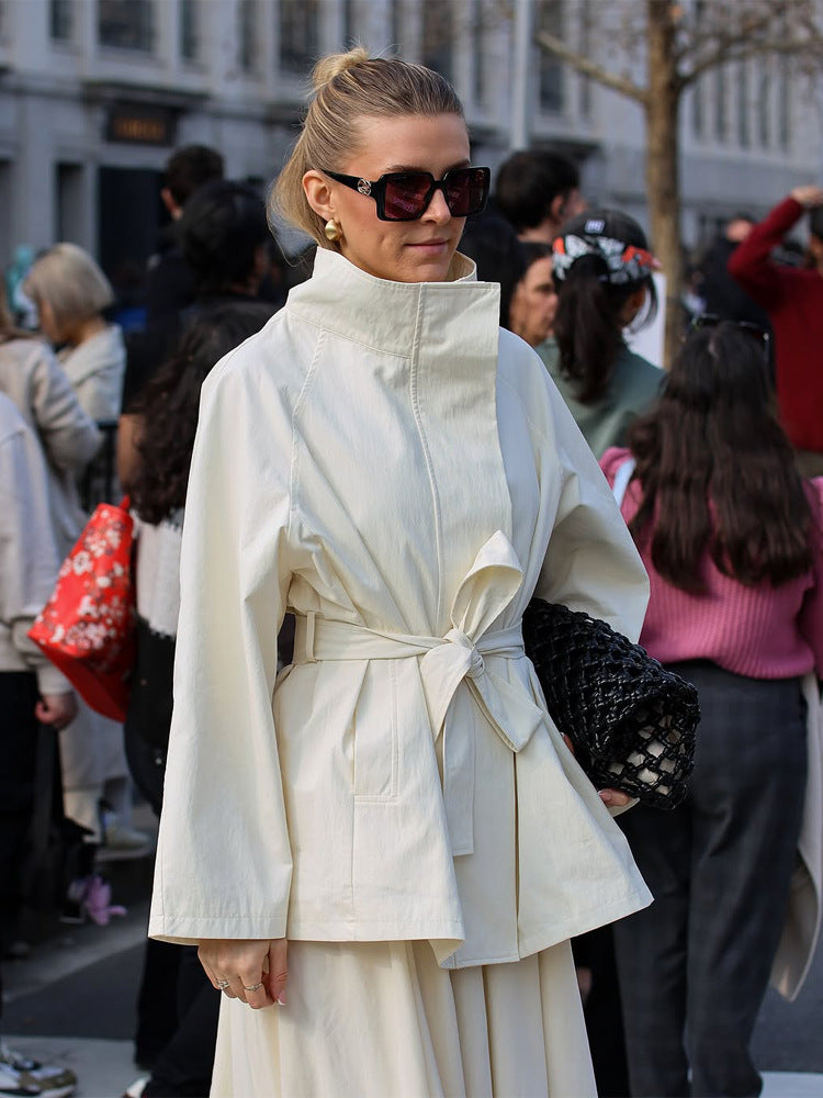 Women's Boxy Short Coat with High Stand Collar and Tied Belt EVA-US