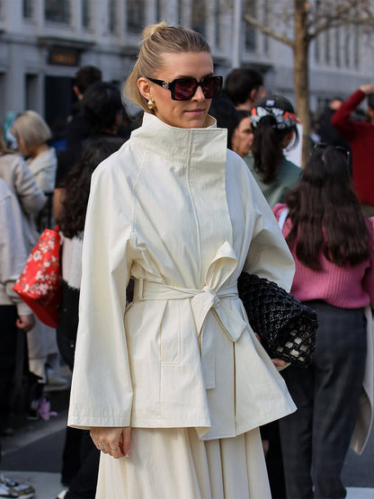 Women's Boxy Short Coat with High Stand Collar and Tied Belt EVA-US