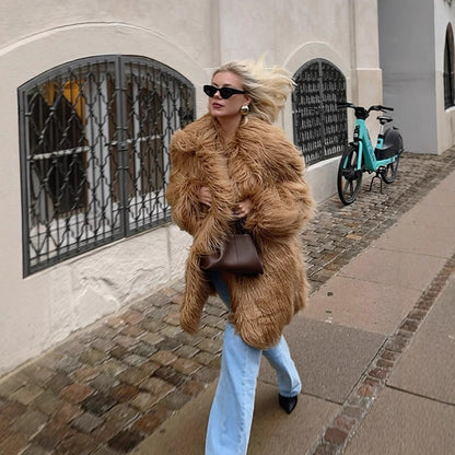 Women's Oversize Shaggy Faux Fur Coat with Long Pile Texture and Concealed Button Placket EVA-US