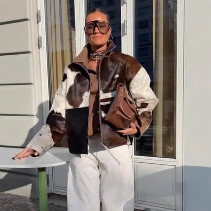 Women's short jacket made of shaggy faux fur with patchwork look and high stand-up collar EVA-US