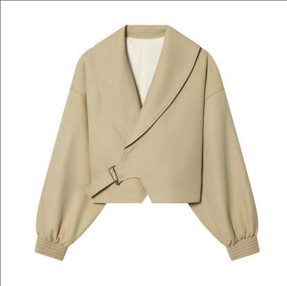 Women's short jacket with wide sailor collar, balloon sleeves, and asymmetrical buckle closure EVA-US