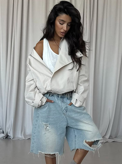 Women's short jacket in oversized look with wide lapels and drawstring waist EVA-US