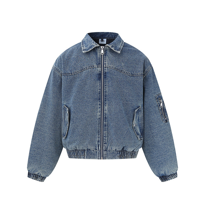 Unisex Boxy Denim Jacket with Full Zip, Elastic Hem and Sleeve Utility Pocket EVA-US