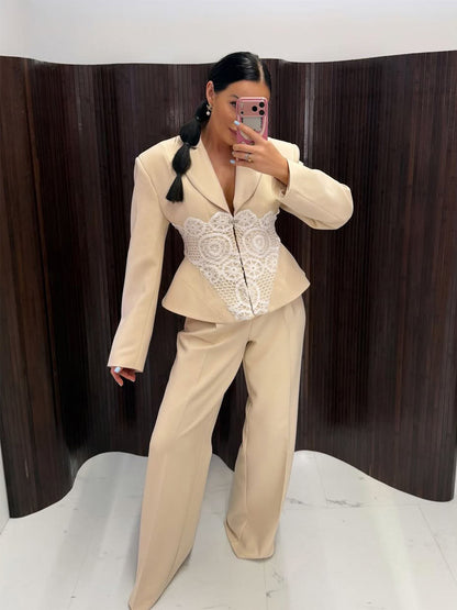 Women's Two-Piece Suit Set with Tailored Blazer, Lace Corset and Wide Palazzo Pants EVA-US