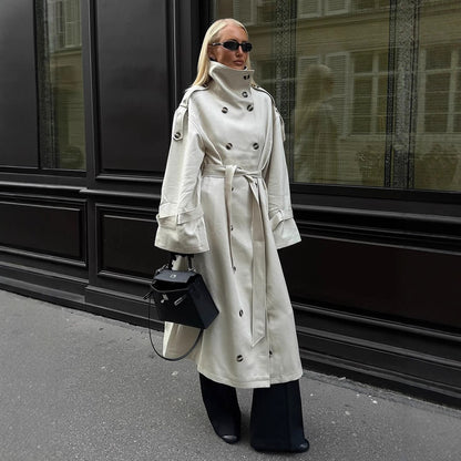 Women’s Long Trench Coat with High Standing Collar, Double-Breasted Button Placket and Wide Cuffs EVA-US