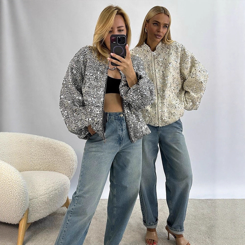 Women's sequin bomber jacket with zipper, loose boxy silhouette and decorative glitter applications EVA-US