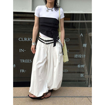 Women Wide Balloon Culotte with High Elastic Waistband and Crinkled Linen Look EVA-US