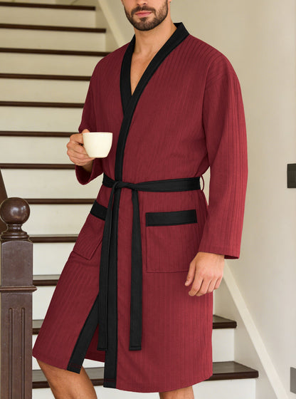 Men's lightweight cotton kimono bathrobe with waffle texture and patch pockets EVA-US