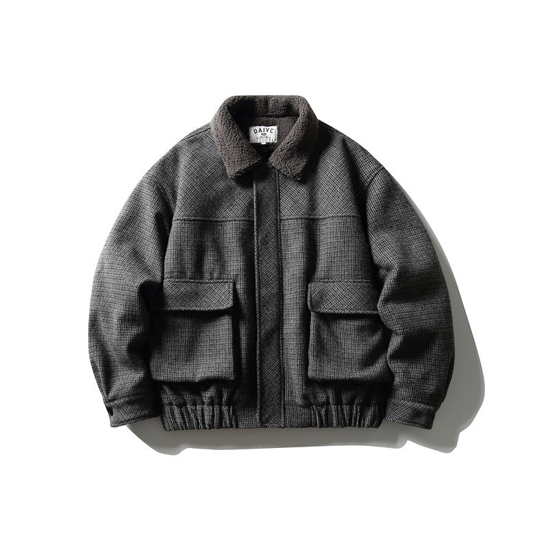 Men's boxy blouson made of wool mix with teddy trim at the collar and flap pockets