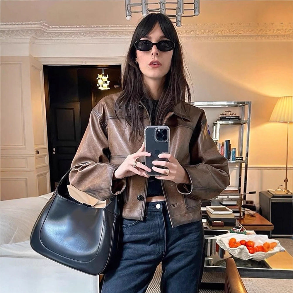 Women's cropped boxy jacket made of vegan leather with shirt collar EVA-US