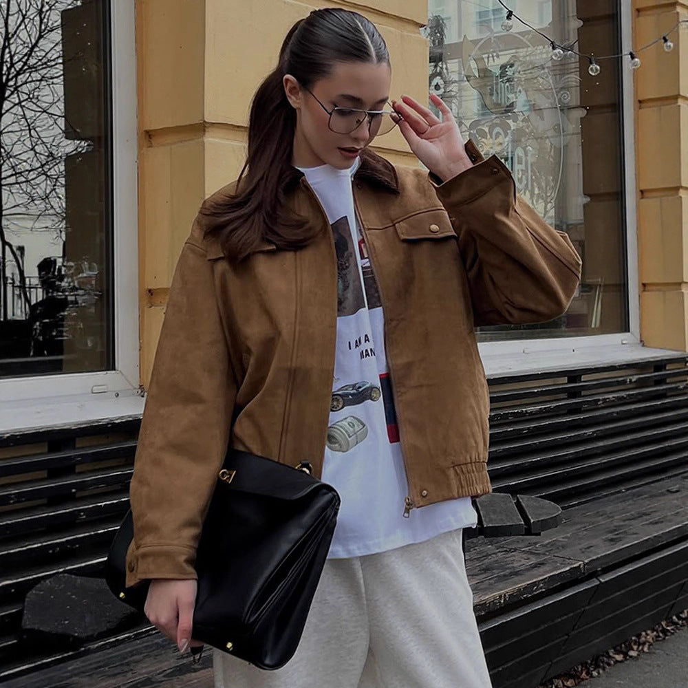 Women's Boxy Suede Blouson Jacket with Cord Collar and Teddy Lining EVA-US