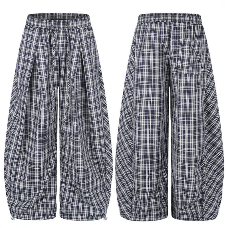 Women Wide Harem Balloon Pants with Elastic Waistband, Drawstring and Check Pattern EVA-US