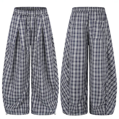 Women Wide Harem Balloon Pants with Elastic Waistband, Drawstring and Check Pattern EVA-US
