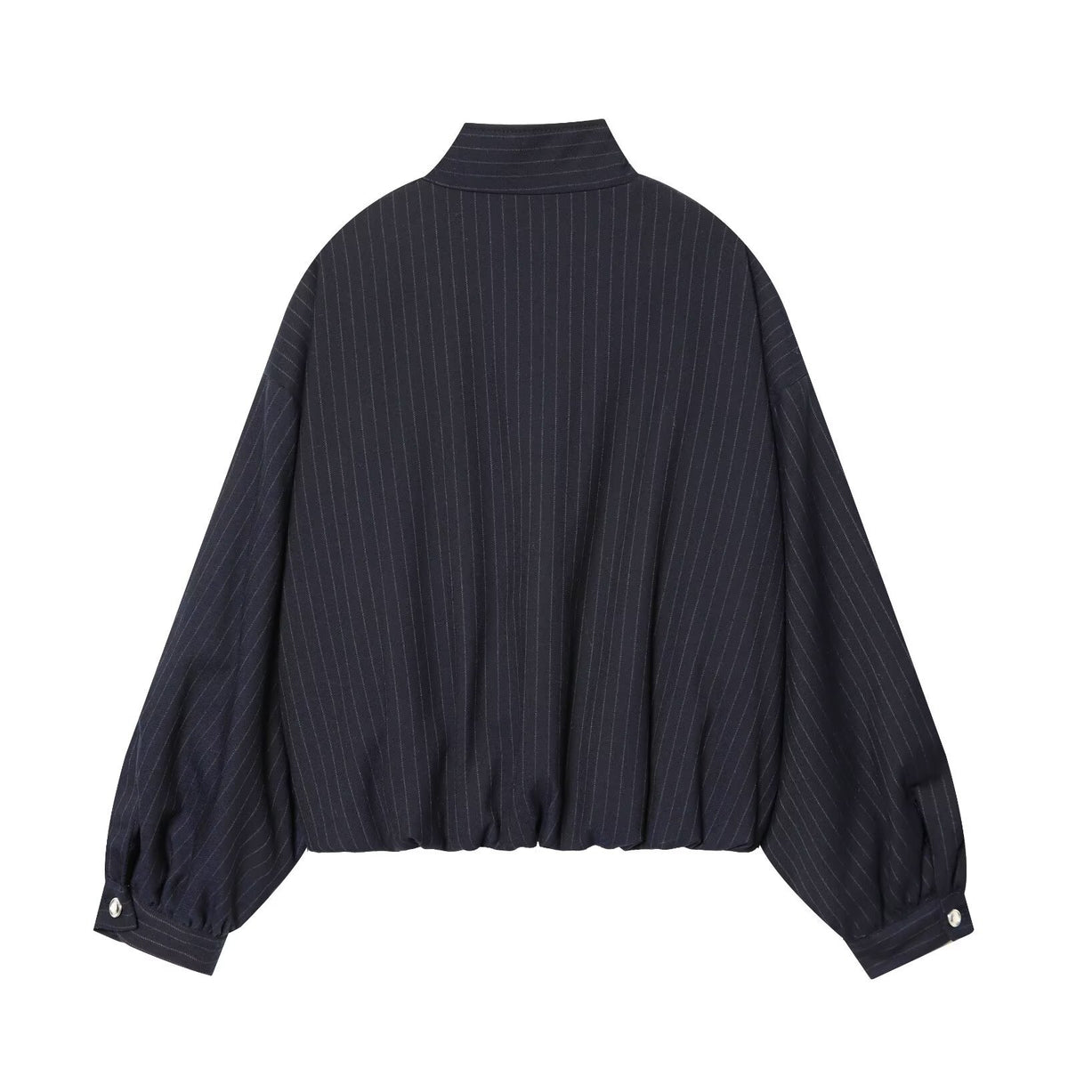 Ladies Short Pinstripe Blouson Jacket with Stand Collar, Balloon Sleeves and Elastic Hem EVA-US