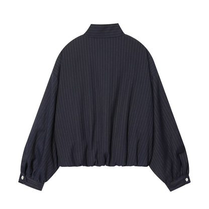 Ladies Short Pinstripe Blouson Jacket with Stand Collar, Balloon Sleeves and Elastic Hem EVA-US