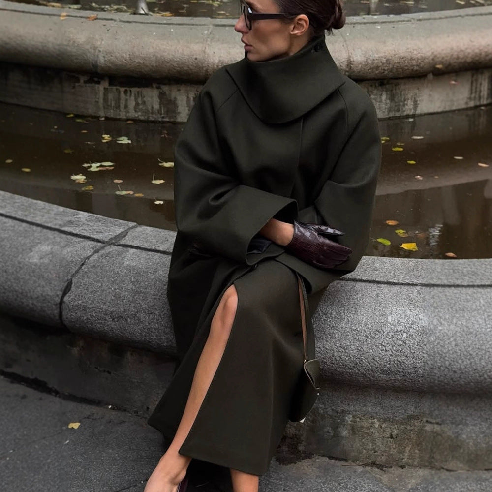 Women Maxilength Oversize Wool Blend Coat with Oversized Stand Collar and Balloon-like Sleeves EVA-US