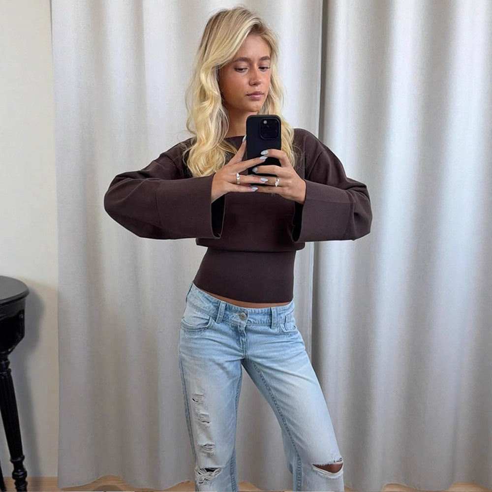 Women's Cropped Fine Knit Sweater with Wide Cuff Sleeves and Tailored Ribbed Hem EVA-US