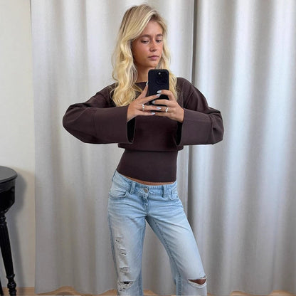 Women's Cropped Fine Knit Sweater with Wide Cuff Sleeves and Tailored Ribbed Hem EVA-US