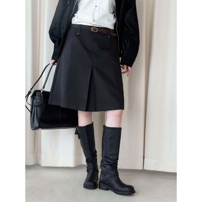 Women Knee-Length A-Line Skirt with Center Slit and Waist Pockets EVA-US