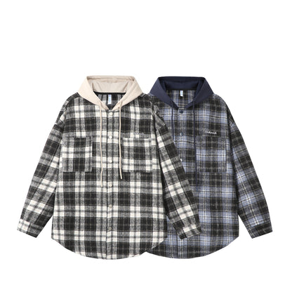 Unisex Oversized Check Shirt Jacket with Hood, Snap Buttons and Chest Pocket EVA-US
