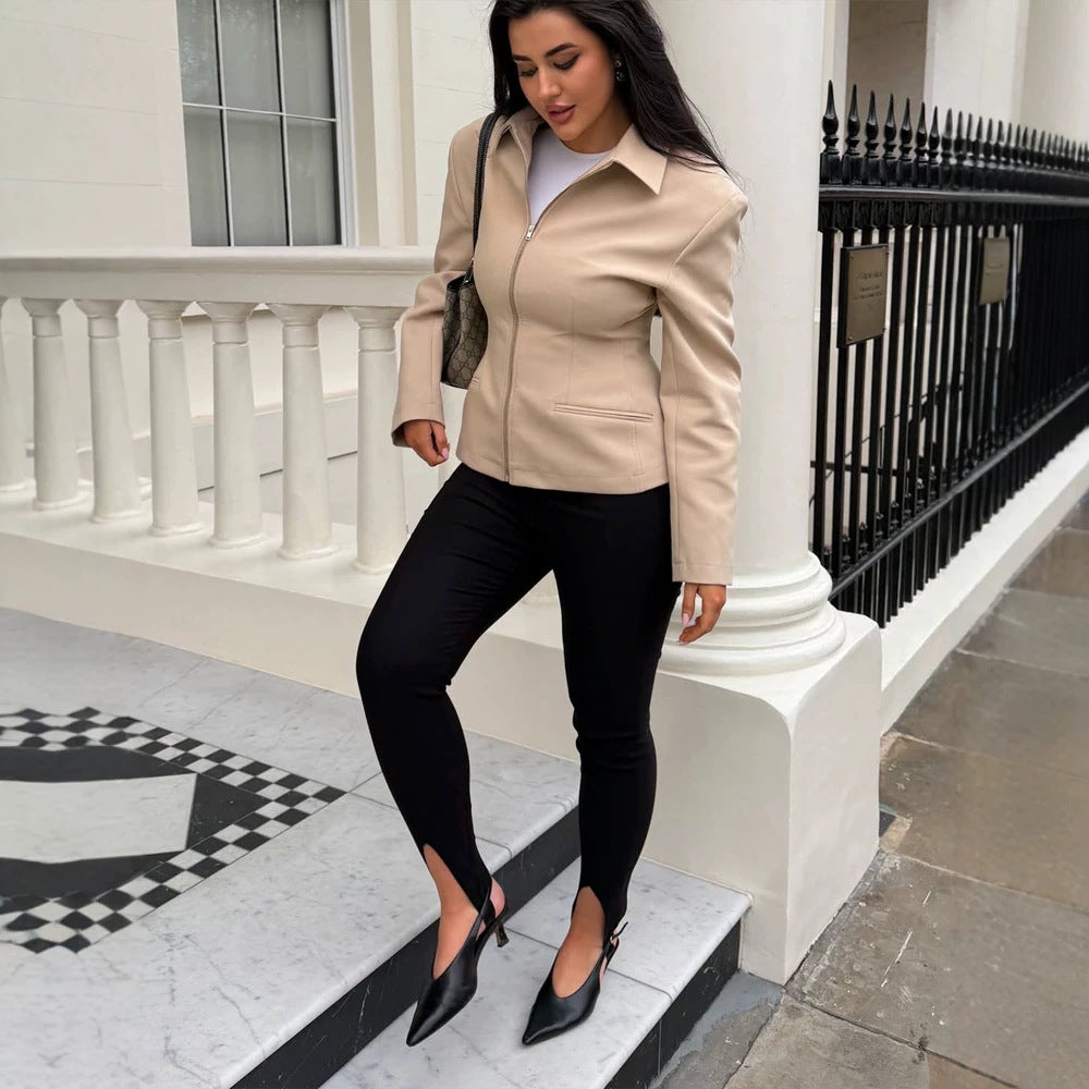 Women's Tailored Short Jacket made of vegan leather imitation with shirt collar and concealed zipper EVA-US