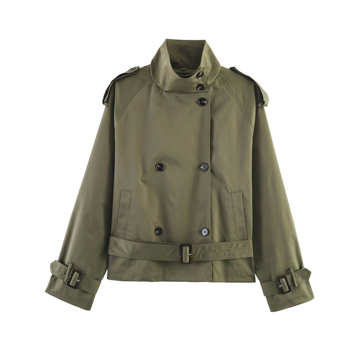Women's Short Double-Breasted Waist Belt Trench Coat with High Funnel Collar and Shoulder Straps EVA-US