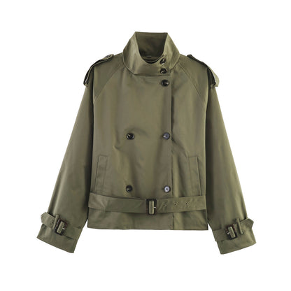 Women's Short Double-Breasted Waist Belt Trench Coat with High Funnel Collar and Shoulder Straps EVA-US