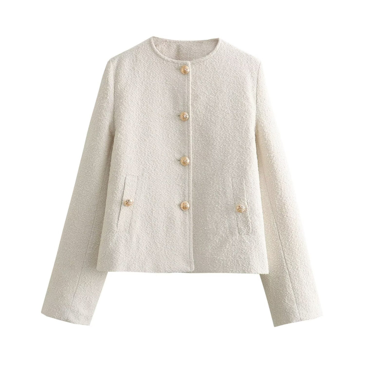 Women's Boxy Boucle Jacket with Round Neckline, Decorative Button Placket and Flap Pockets EVA-US
