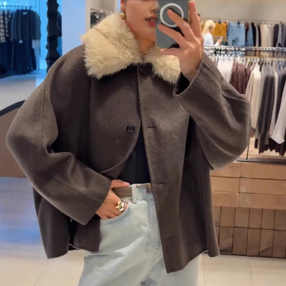 Women's Boxy-Cropped Wool Blend Jacket with Soft Faux Fur Shawl Collar EVA-US