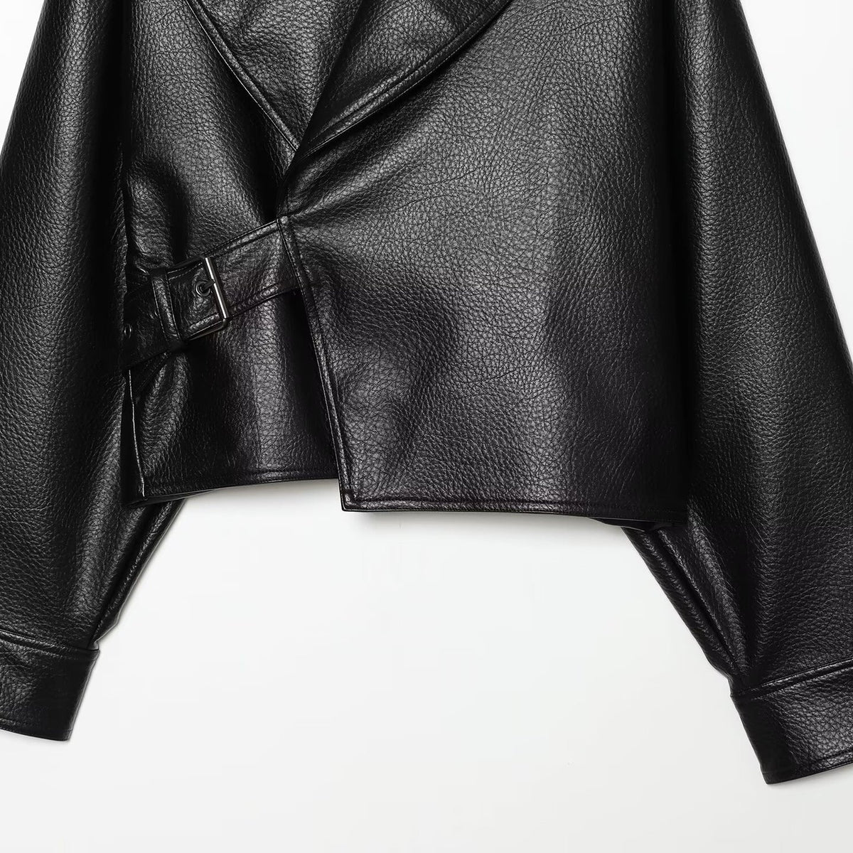 Women's Cropped Leather-Look Jacket with Oversized Shawl Collar and Tailoring Buckle Belt EVA-US