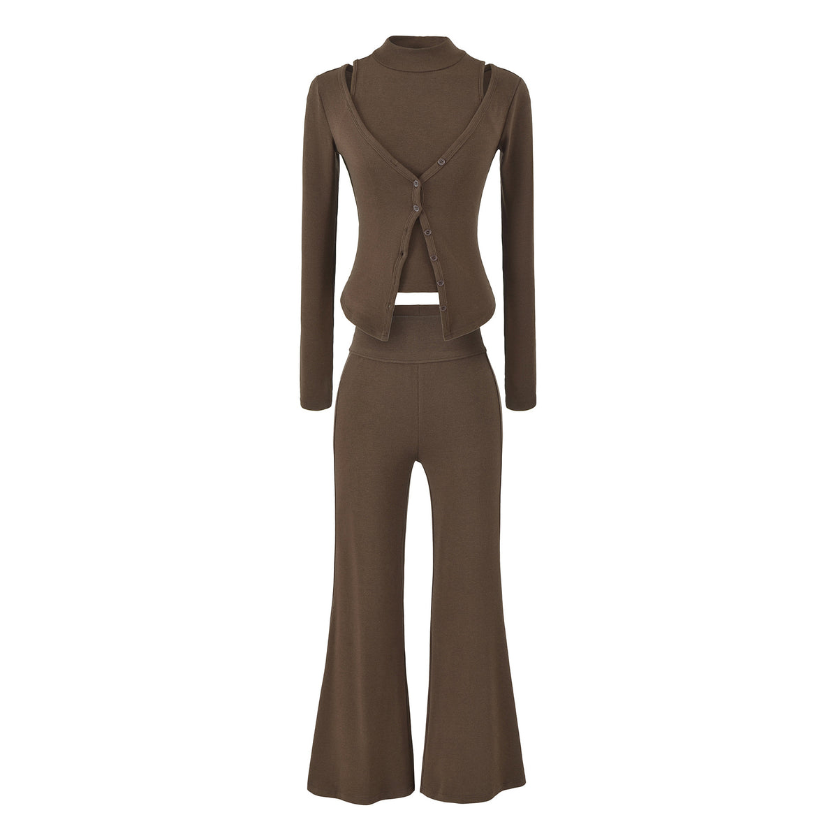 Women Figure-Hugging Layering Set with Turtleneck Long Sleeve and Asymmetrical Button Jacket and Flared High-Waist Pants EVA-US