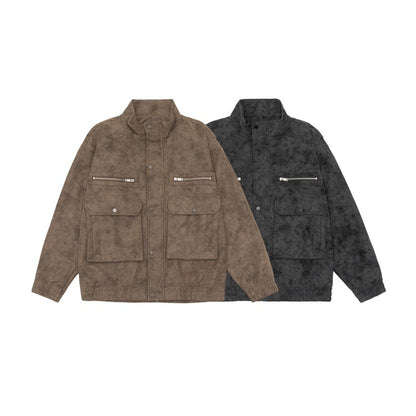 Men's Boxy Utility Blouson Jacket in Velour Look with Stand-up Collar and Multiple Pockets EVA-US
