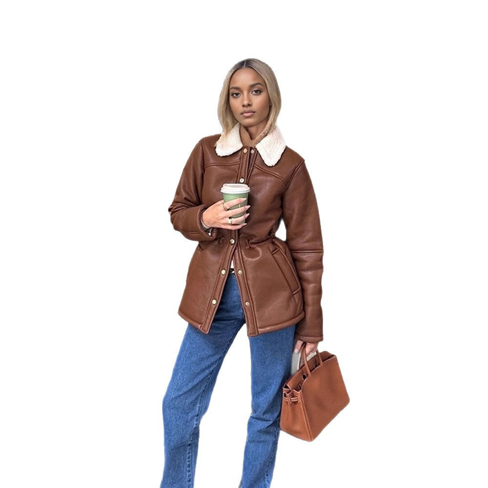 Women's Fitted Faux Leather Jacket with Drawstring, Teddy Collar and Snap Button Placket EVA-US
