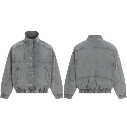 Men's Short-Cut Canvas-Denim Field Blouson with Toggle Closures and High Stand-Up Collar EVA-US