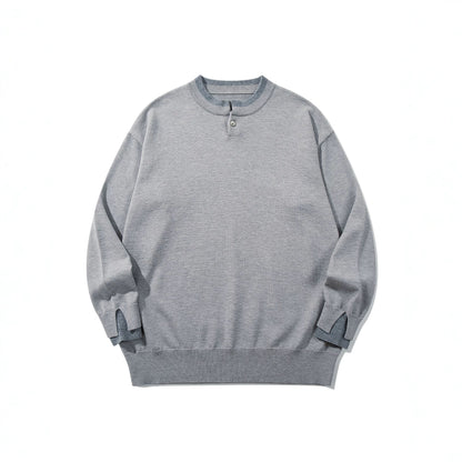Unisex Oversize knit pullover with short Henley button placket and thumb hole cuffs EVA-US
