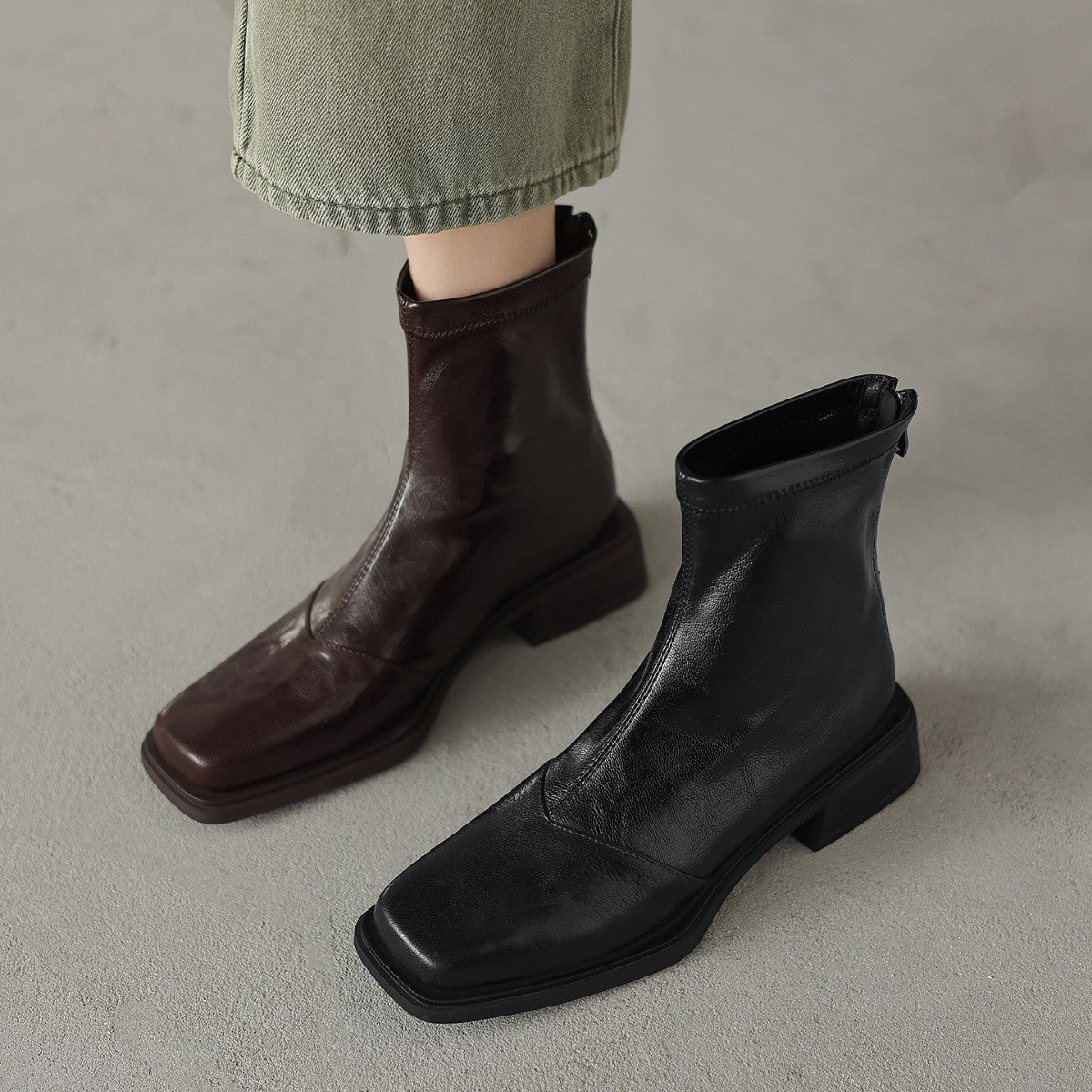 Women's ankle boots with fashionable block heel and high-quality leather surface EVA-US