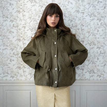 Women's short jacket made of suede look with hood, drawstring waist and patch pockets EVA-US