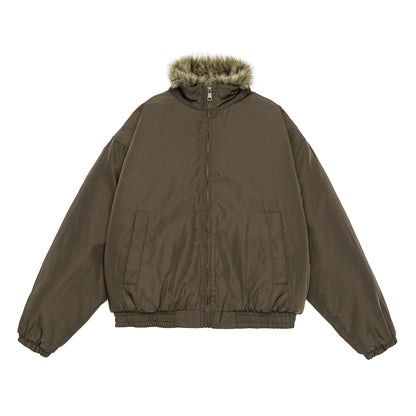 Women's oversized padded bomber jacket with elastic hem and faux fur trim EVA-US