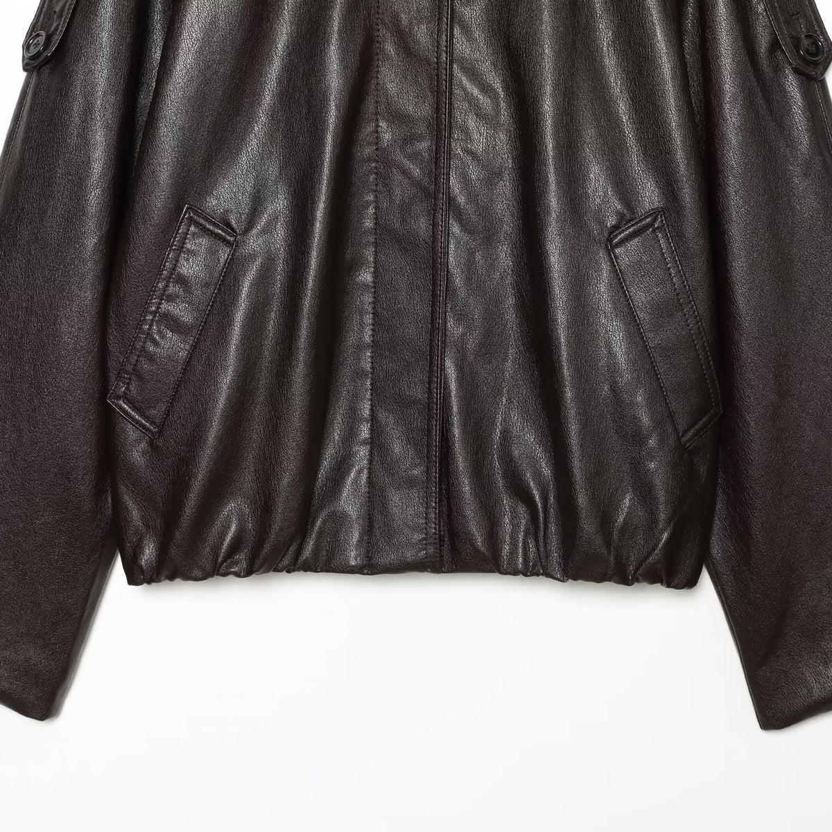 Women's short-cut leather look blouson jacket with high funnel collar, shoulder tabs and integrated patch pockets EVA-US