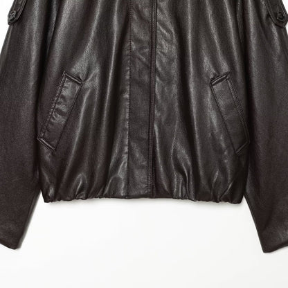 Women's short-cut leather look blouson jacket with high funnel collar, shoulder tabs and integrated patch pockets EVA-US