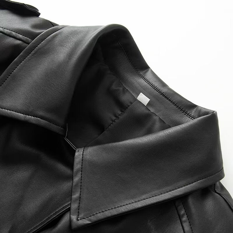 Women's short faux leather trench coat with waist belt and shoulder cape EVA-US