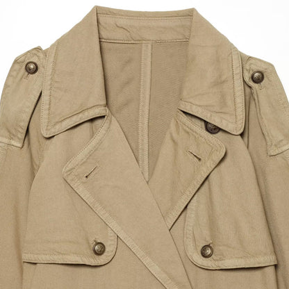 Women Cropped Trench Cape Jacket with double-breasted button placket, shoulder patches and tie belt EVA-US