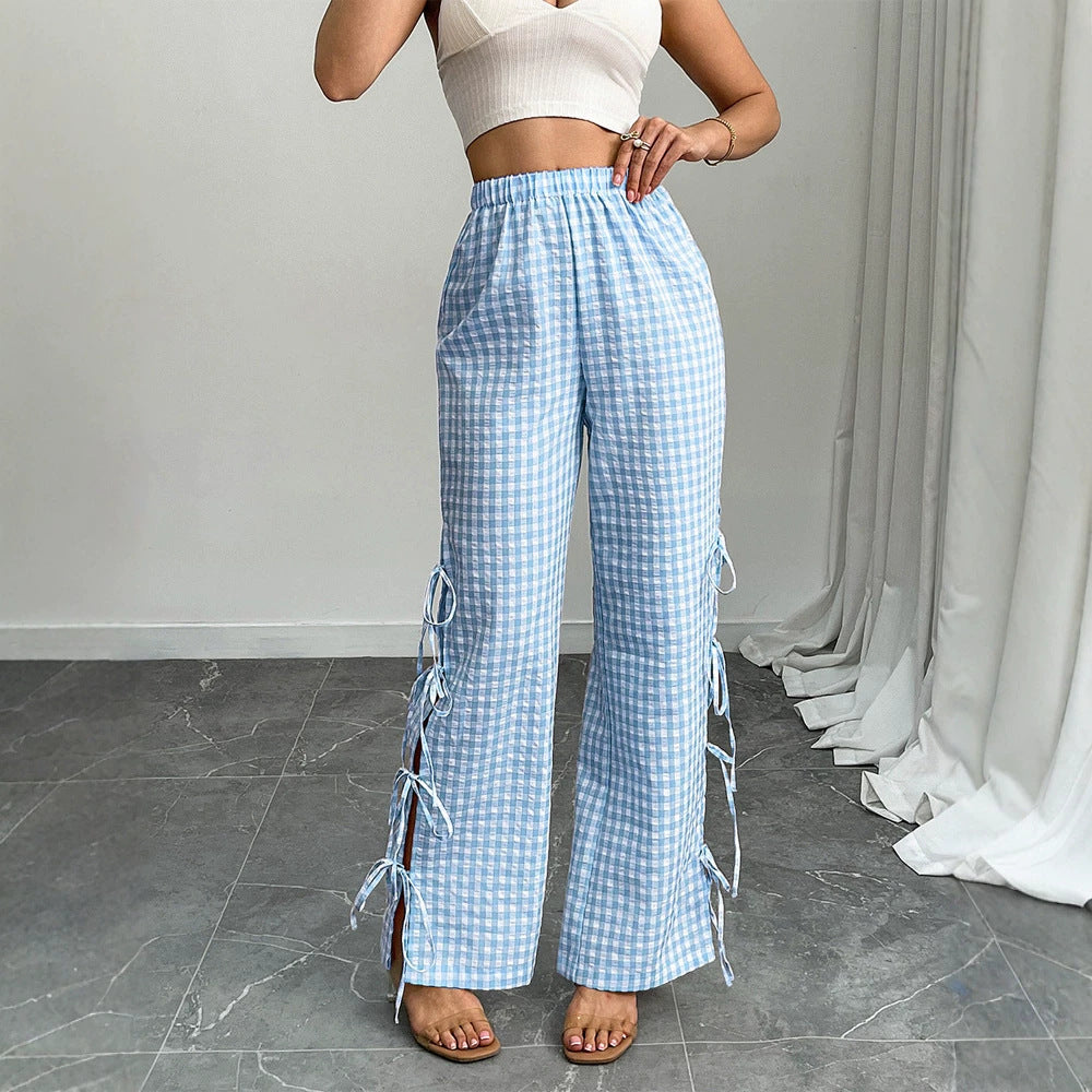 Women High-Waist Linen-Look Pants with Gingham Check, Wide Leg & Side Tie Details EVA-US